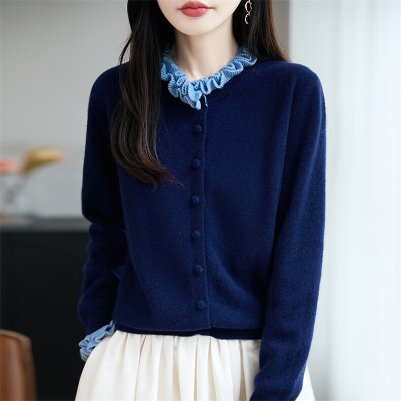 法式设计感撞色木耳边针织开衫女2025新款宽松显瘦洋气外套毛衣,针织衫/毛衣,端硕羊绒