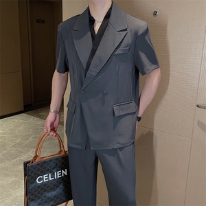 吴磊同款夏痞帅冰丝薄款短袖西服套装男时尚西装两件套TZ257-P150图片