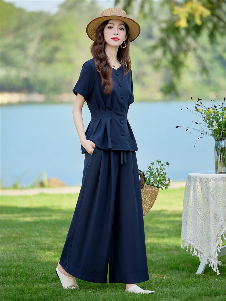 棉麻休闲套装女2026夏装新款时尚洋气收腰显瘦阔腿裙裤两件套,女装套装/套裙,水衣源
