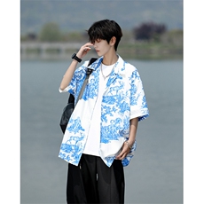 8XL-M天丝亚麻清爽晕染古巴领短袖衬衫男半截袖冰丝衬衣CS525P58，男装T恤，电商D206-1