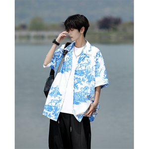 8XL-M 天丝亚麻清爽晕染古巴领短袖衬衫男半截袖冰丝衬衣CS525P58图片
