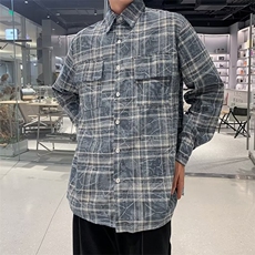 春季新款潮牌格子做旧暗纹长袖衬衫宽松百搭外套情侣衬衣-GZ40，男装衬衫，星座1002-2