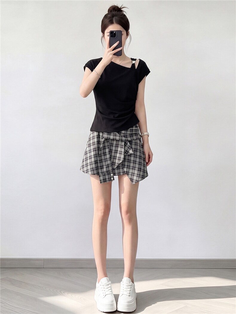女夏新款时尚减龄套装修身不规则斜肩短袖上衣黑色格子短裙两件套,女装套装/套裙,江南
