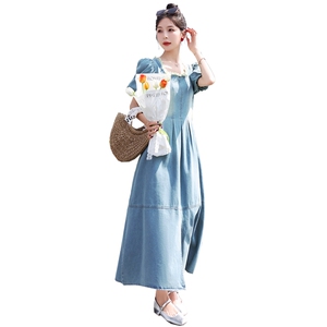 牛仔连衣裙女夏季新款韩系过膝长裙收腰显瘦开叉设计感泡泡袖裙子图片