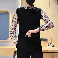 24秋冬新款男士花衬衫袖毛衣假二件男冬季打底衫301A-1/M84/P75，男装T恤，星座301A-1