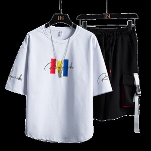 夏季潮男短袖T恤套装男宽松工装裤青少年两件套F179P70图片