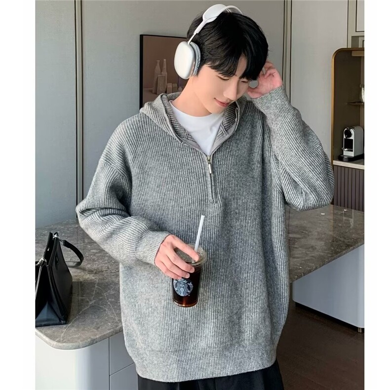 网络图，半拉链连帽潮牌宽松慵懒风针织衫美式XZ302B-1-M3115P55,男装针织衫/毛衣,星座302B-1