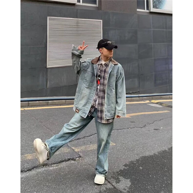 美式复古pu皮拼接牛仔外套男女春秋冬潮牌街头宽松BF翻领工装夹克,男装工装外套,四季星座505