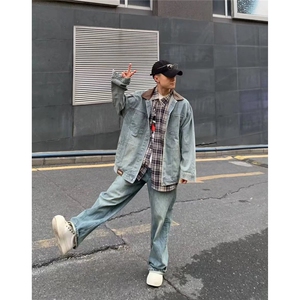 美式复古pu皮拼接牛仔外套男女春秋冬潮牌街头宽松BF翻领工装夹克图片