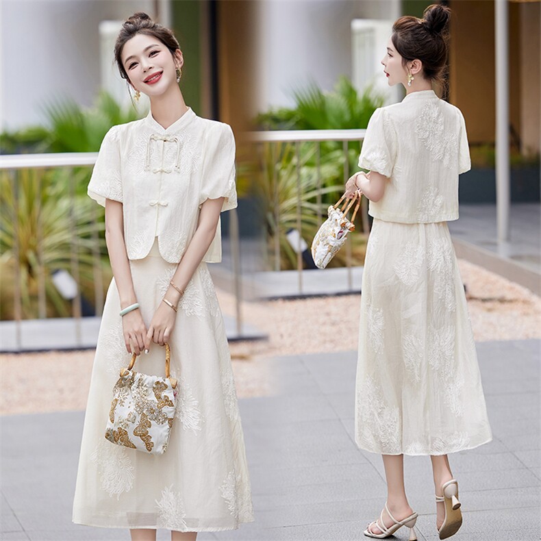 现货新中式套装裙夏季2024新款修身时尚夏天穿百搭整套半身裙，女装连衣裙，韩然一族