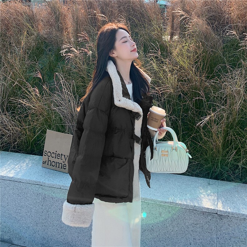 羊羔毛领美拉德短款羽绒服女冬季2025新款小个子高级流行设计小众,女装羽绒服,艾米莉亚