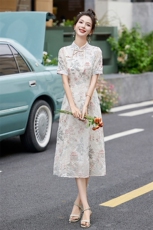 国风绣花欧根纱连衣裙女2024夏季新款新中式显瘦气质高级感旗袍裙，女装连衣裙，橙子家