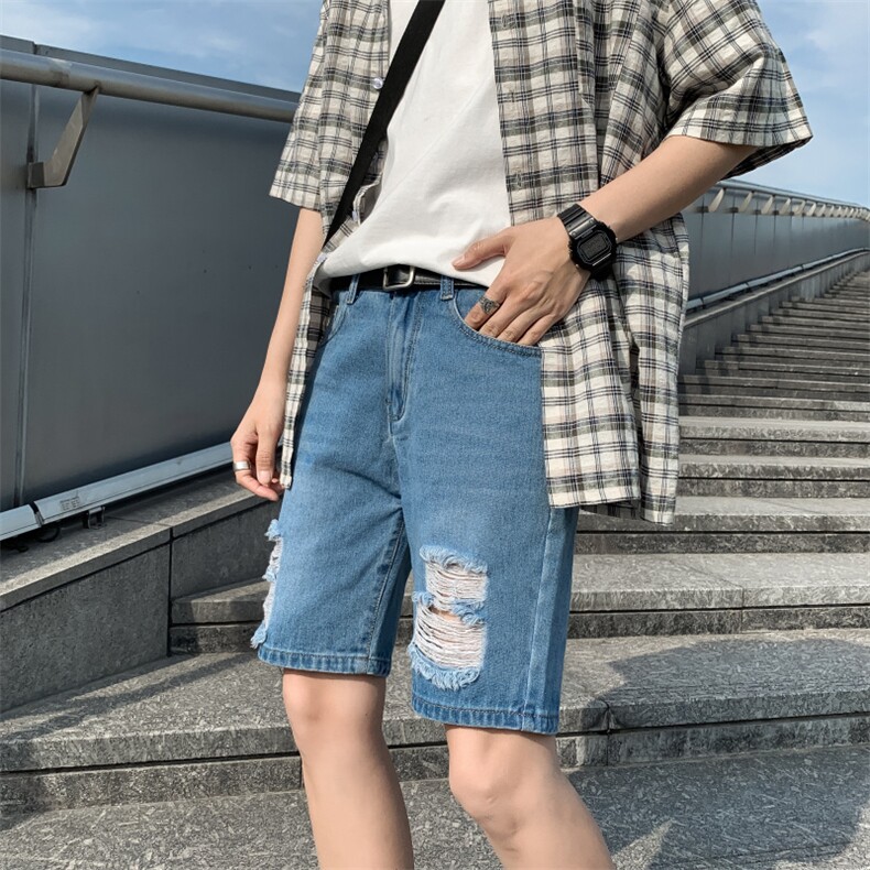 夏季男士牛仔短裤破洞韩版潮流5五分裤潮牌马裤薄款中裤D,男装牛仔裤,电商A318