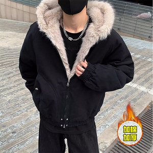 现货高品质美式高街冬季重磅硬挺短款座山雕毛领棉衣男女加厚外套图片