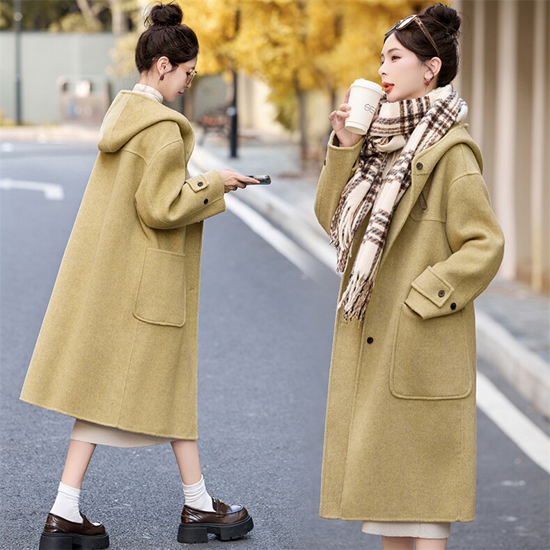 2024年冬季新款连帽休闲宽松大口袋双面呢中长款羊毛大衣外套，女装双面呢大衣，辉煌依升