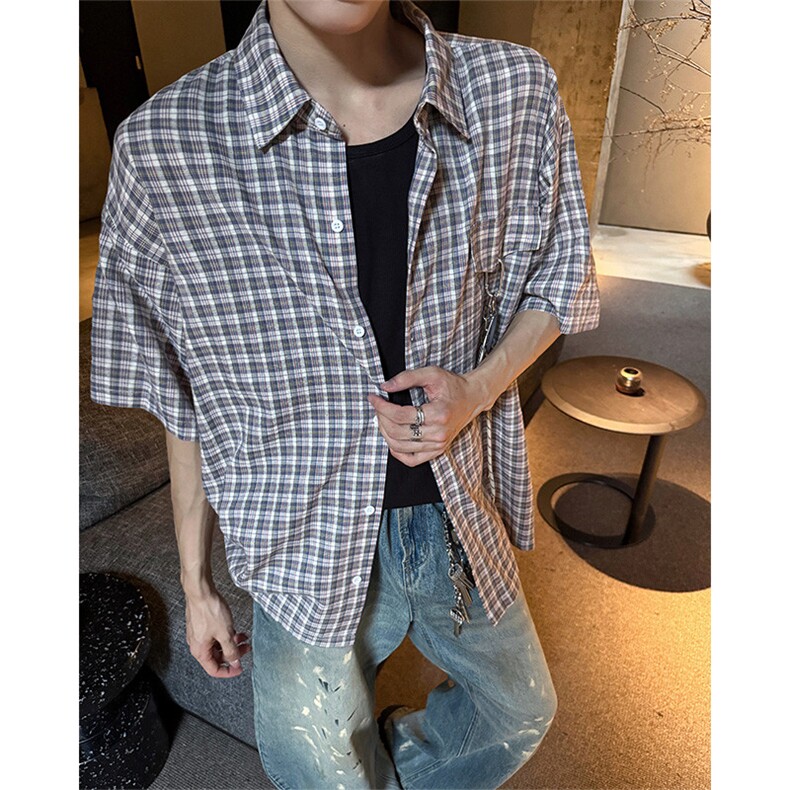 CS1151-特批40控78 夏季新款男女格子短袖大码男衬衫（带配件）图片