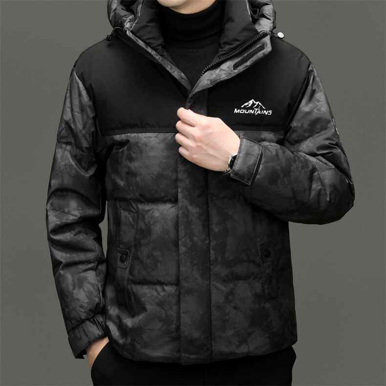 男士户外羽绒服男冬季2025新款加厚连帽迷彩拼接短款鸭绒保暖外套,男装羽绒服,电商B212（原钱塘6029）
