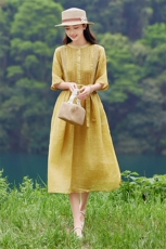 2026年夏季优雅气质大摆型短袖苎麻城市通勤年会旅游聚会街拍约会，女装连衣裙，江南依恋