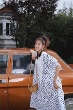 蕾丝领波点连衣裙，女装连衣裙，喜午