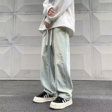 美式高街破洞牛仔裤男秋款潮牌复古宽松阔腿欧美直筒裤N6096-P43，男装牛仔裤，星座1109-3