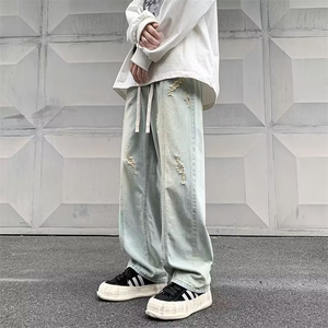 美式高街破洞牛仔裤男秋款潮牌复古宽松阔腿欧美直筒裤N6096-P43图片