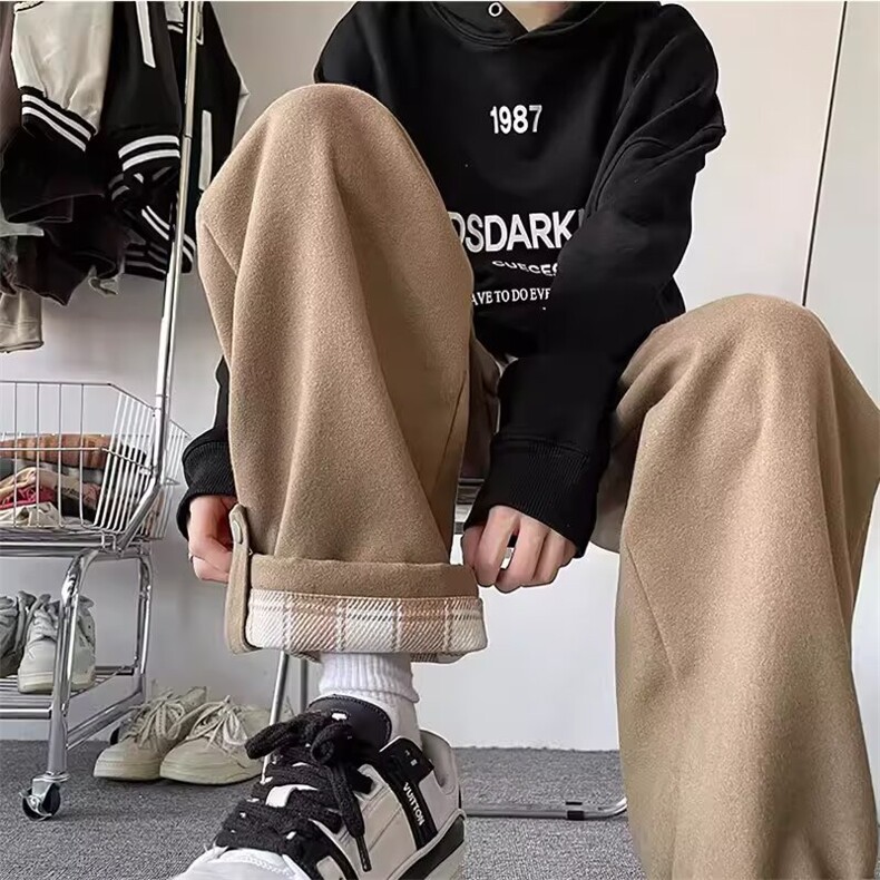 工装阔腿男秋冬加绒宽松韩版百搭直筒翻边格子休闲裤潮MK625P47,男装工装外套,星座1013-5