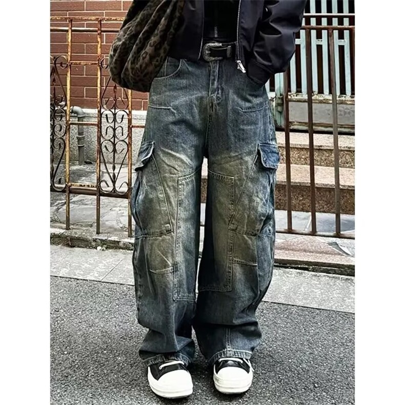 美式水洗解析多口袋弯刀牛仔裤男女高街直筒阔腿工装裤子NZU102图片