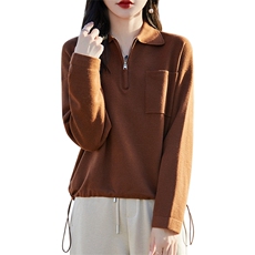 POLO领精纺羊毛长袖针织衫毛衣女春秋半开拉链抽绳卫衣宽松打底衫，女装羊毛衫，暖烁羊绒