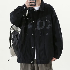 春秋季新款印花字母痞帅美式潮牌牛仔外套男宽松夹克JKY856-P49,160男生穿搭达人图片