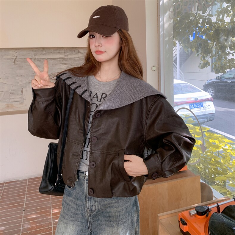 设计感复古皮衣外套女2025秋季新款韩里韩气氛围感连帽拼接皮夹克,女装短外套,2C283