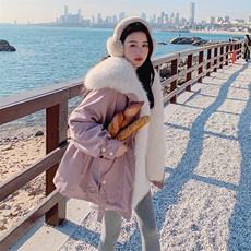 韩系chic毛领粉色羽绒棉服女冬超火好看高级小众加厚棉衣棉袄外套，女装派克服，2D078