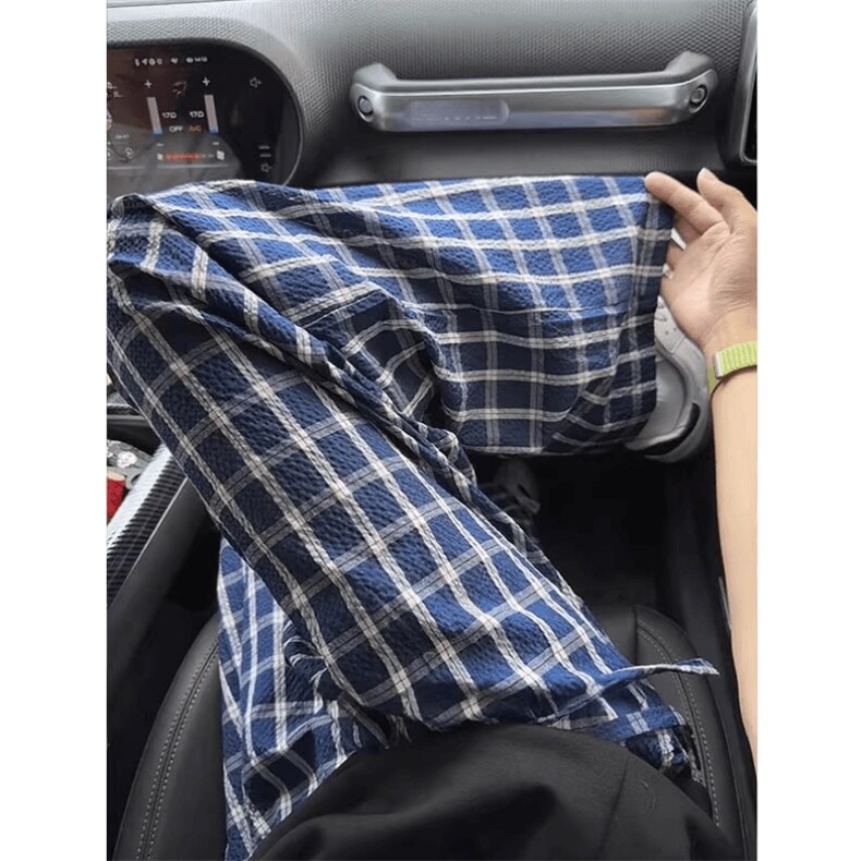 美式高街潮牌男女泡泡格子休闲裤直筒宽松慵懒显瘦阔腿休闲长裤子,男装休闲裤,电商A486