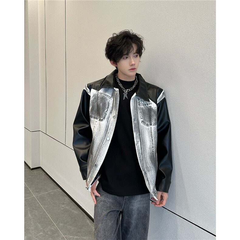 美式街头复古拼接重工水洗手绘牛仔pu皮垫肩夹克外套短款痞帅上衣，男装工装外套，星座410-6（原星座1304-1）