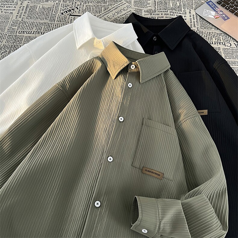 特批38无差价2024春休闲大码条纹贴标长袖衬衫男简约百搭外套C871图片
