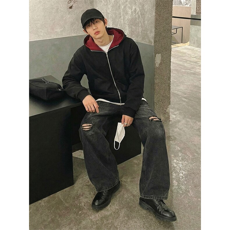 双拉链头重磅420克卫衣撞色连帽开衫美式情侣外套WY5816P52,女装短外套,电商A178