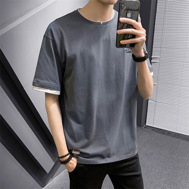 夏季新款男士潮流时尚刺绣圆领纯棉假两件短袖T恤DS731TP30,男装T恤,电商A102