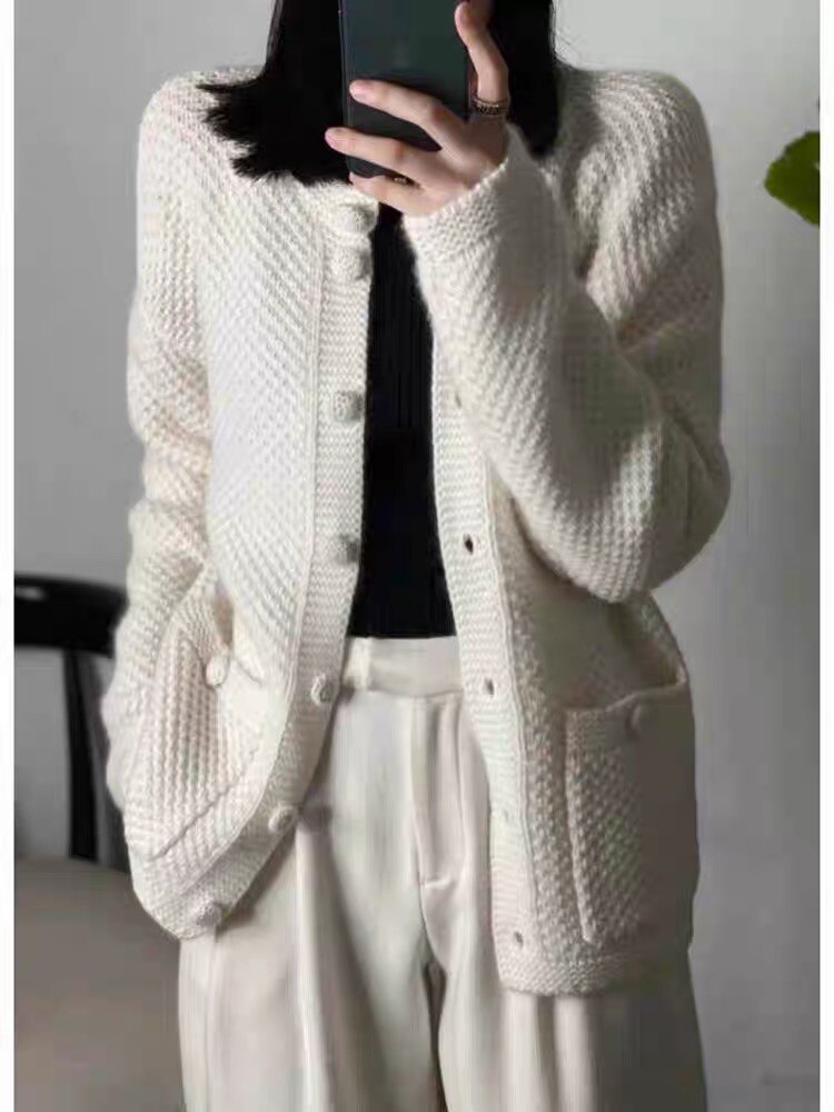纯色圆领口袋时尚针织35%羊绒开衫百搭休闲显瘦文艺风外套,女装羊绒衫,以美红杉羊绒