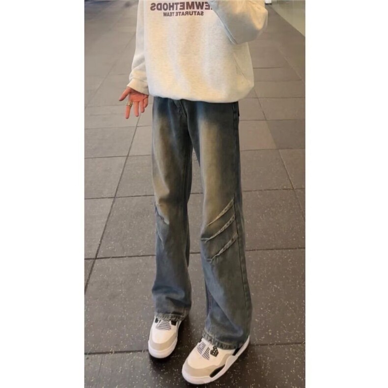 美式水洗复古褶皱弯刀牛仔裤男款高街vibe裤子直筒长裤微喇长裤图片