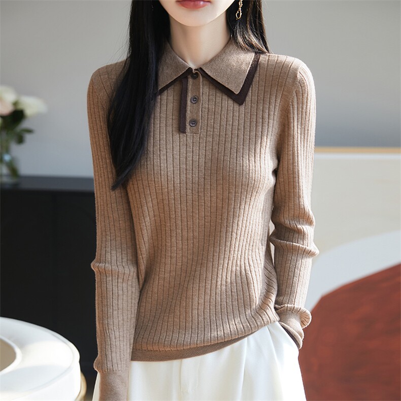 拼色POLO领100%纯羊毛衫女坑条长袖针织衫毛衣宽松羊绒衫打底上衣,女装羊毛衫,朝思羊绒