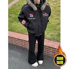 现货高品质美式高街重磅刺绣座山雕大毛毛领棉衣男女加厚棉服外套，男装棉衣，电商A486
