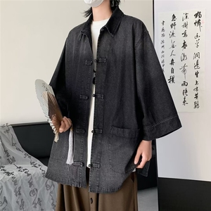 风夏男短袖牛仔衬衫扎染渐变色盘扣中山装休闲衬衣CS986 P65图片