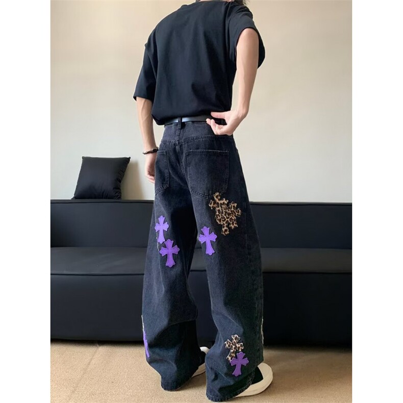 十字架撞色拼皮牛仔裤女高腰显瘦美式复古高级感直筒休闲裤潮,男装休闲裤,星座410-6（原星座1304-1）