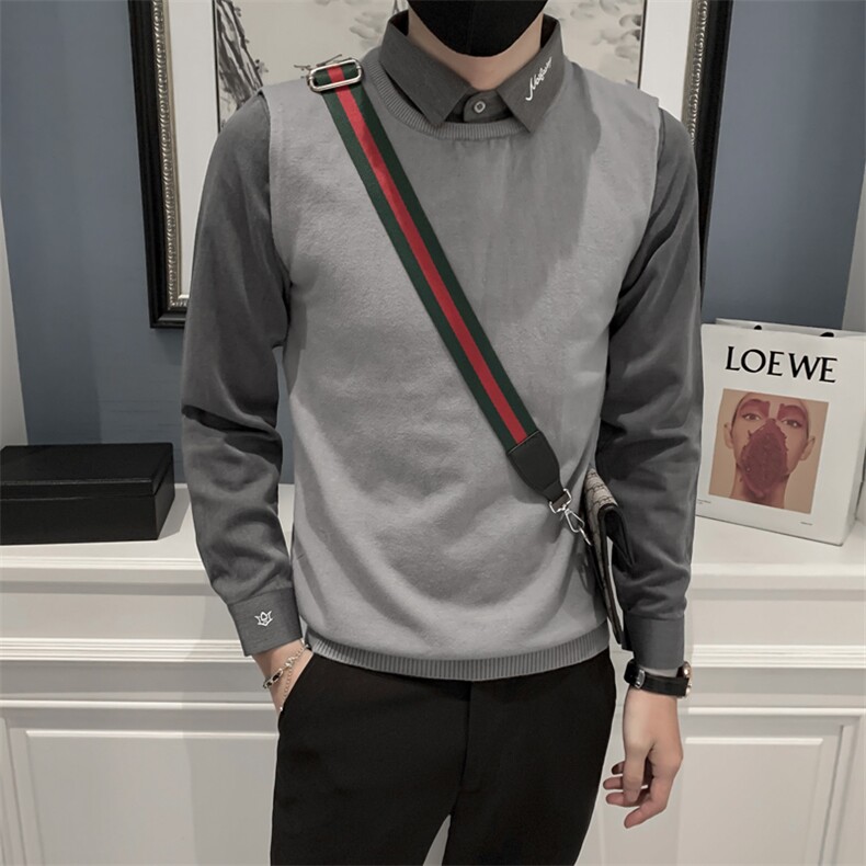 毛衣男士秋冬新款打底衫韩版修身长袖假两件简约痞帅衬衫领针织衫，男装T恤，电商A327