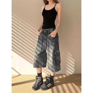 水洗工装牛仔短裤男女款夏季美式宽松做旧阔腿七分裤ZA2107-P49,西服毛呢裤搭配什么上衣图片