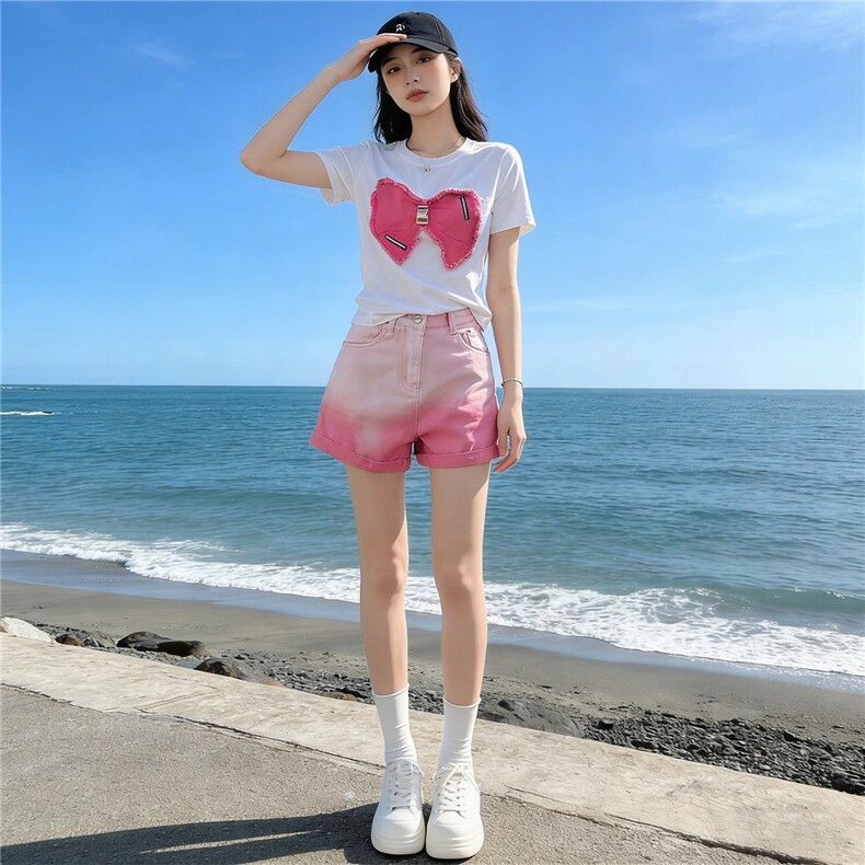 简约个性休闲时尚套装女夏新款刺绣蝴蝶结上衣粉色牛仔短裤两件套,女装套装/套裙,江南