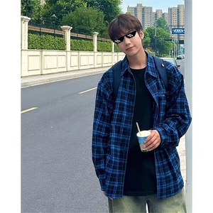 潮牌春秋季日系磨毛男生衬衫格子蓝色复古休闲衬衣男士宽松长袖潮图片
