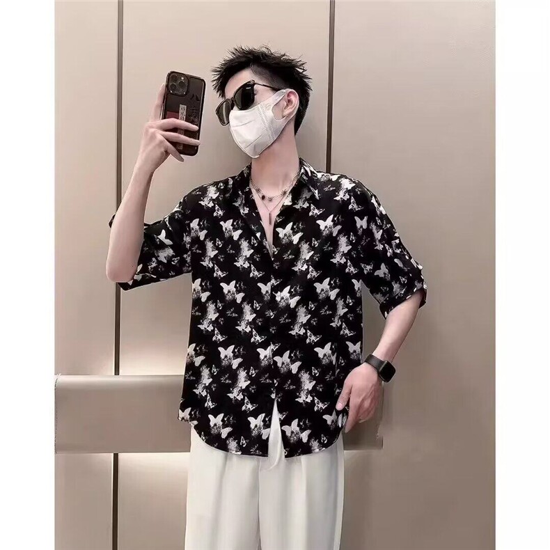冰丝衬衫短袖男夏季潮牌痞帅扎染衬衣男款2025新款男士夏装半截袖,男装T恤,星座410-7