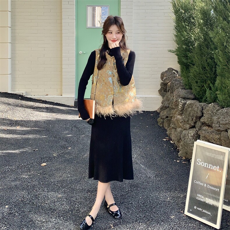 【大货】2026新中式风！加棉雪尼尔绒提花毛衣马甲两件套,女装套装/套裙,2C267