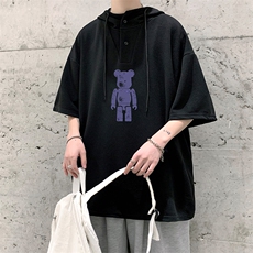 LD54242-P45连帽短袖t恤男大码胖子带帽五分袖中袖大皂风，男装T恤，电商A040