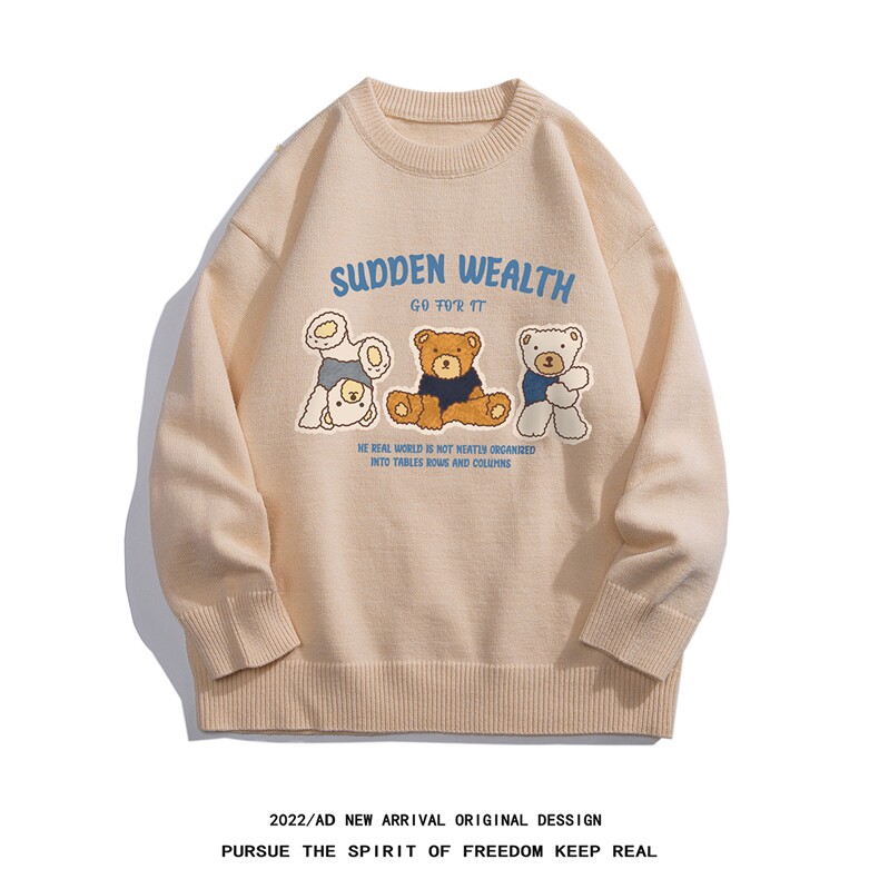 白底22秋冬趣味小熊印花保暖圆领套头毛衣M1059P50控68，男装针织衫/毛衣，电商A247-1
